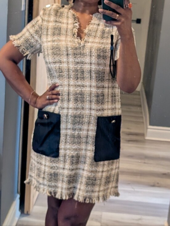Zara Dresses & Skirts - Zara Black & Cream Tweed Mini Dress with Contrast Pockets